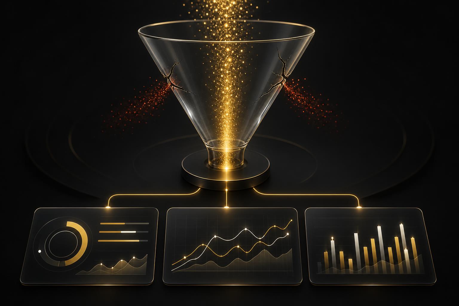 Lusitan Systems Revenue Leak Diagnostic — funnel showing customer inquiries leaking through missed calls, slow replies, and weak follow-up, with gold recovery paths and analytics dashboard